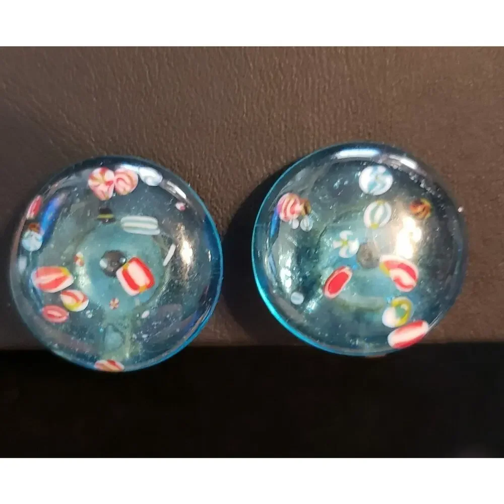 Vintage Blue Embedded Millefiore Lucite Clip-On‎ Earrings- Colorful Retro bcl-22